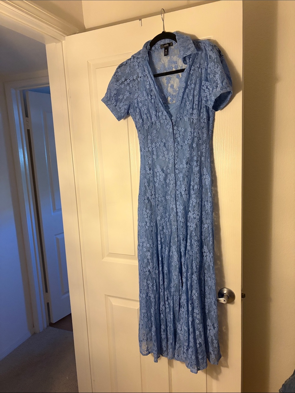 Aqua Bloomingdales exclusive Brand Light Blue Lace Maxi Dress with Collar